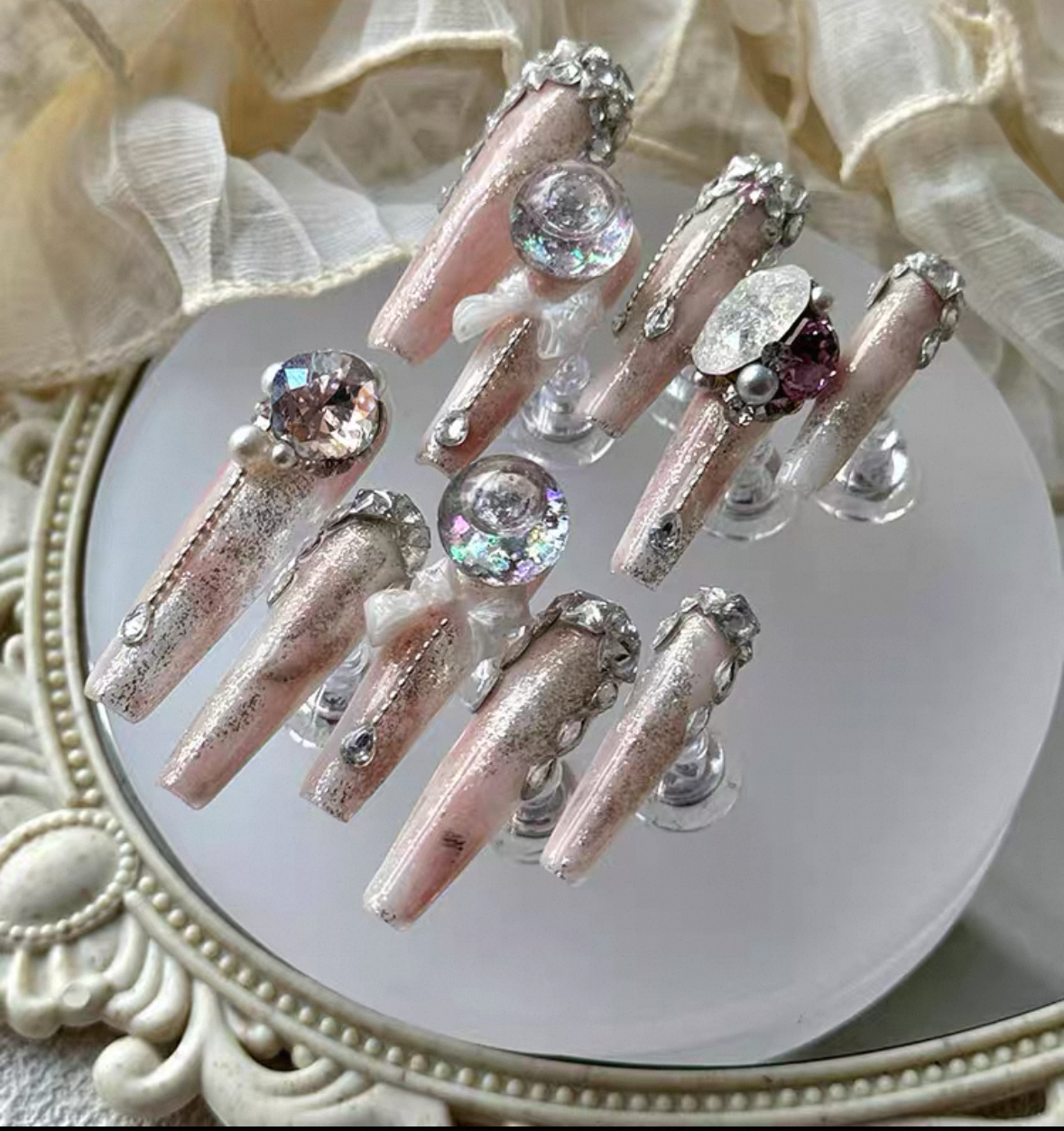 Charme Atelier - Blush Pink with Glitter and Rhinestones - Customizable Handcrafted Press On Nails