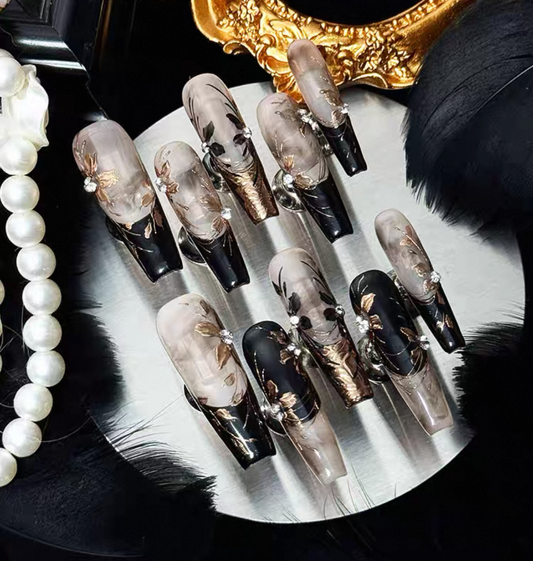 Charme Atelier - Black and Nude Floral Elegance - Customizable Handcrafted Press On Nails