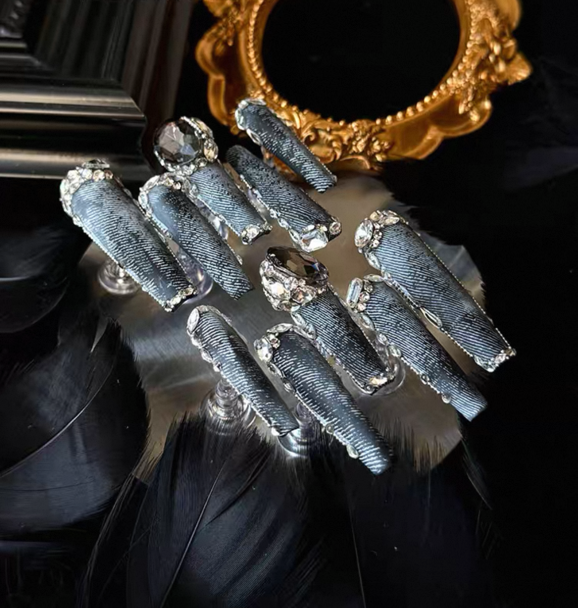 Charme Atelier - Dark Blue Demin Style with Gems - Customizable Handcrafted Press On Nails