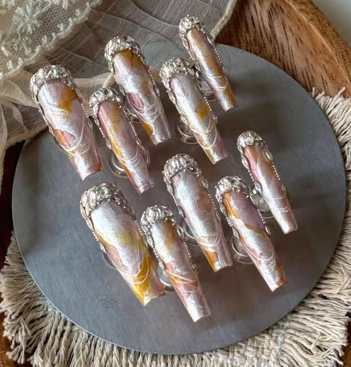Charme Atelier - Iridescent Gold and Pink - Customizable Handcrafted Press On Nails