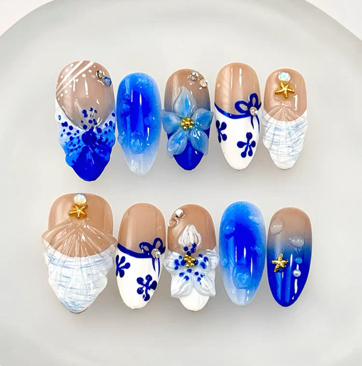 Everyday Cute - Ocean Blue Floral - Customizable Handcrafted Press On Nails