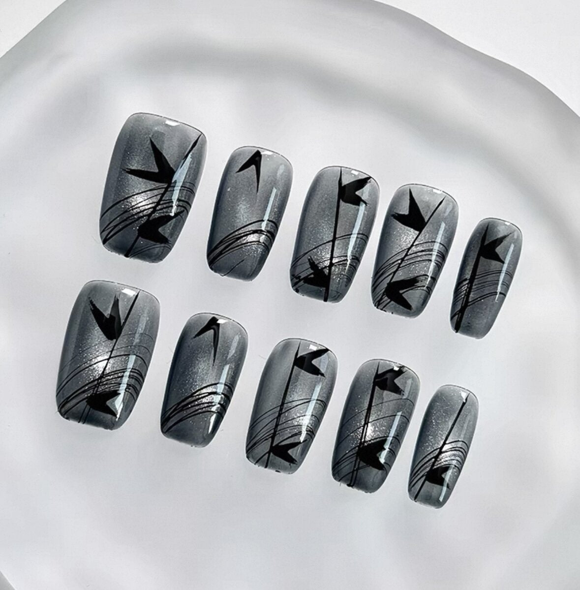Everyday Cute - Metallic Grey with Black Designs - Customizable Handcrafted Press On Nails