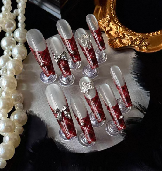 Charme Atelier - Burgundy Plaid - Customizable Handcrafted Press On Nails