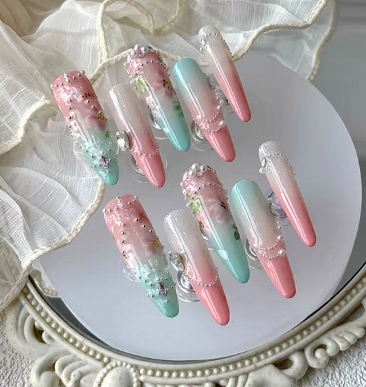 Charme Atelier - Pastel Pink and Aqua - Customizable Handcrafted Press On Nails