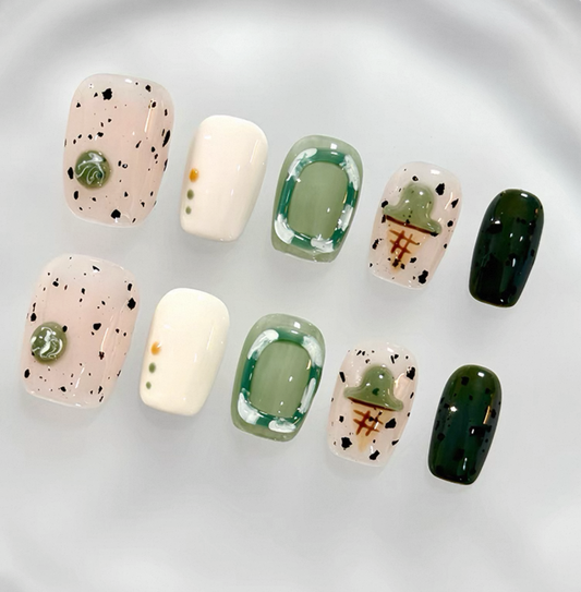 Everyday Cute - Earthy Green and Cream - Customizable Handcrafted Press On Nails