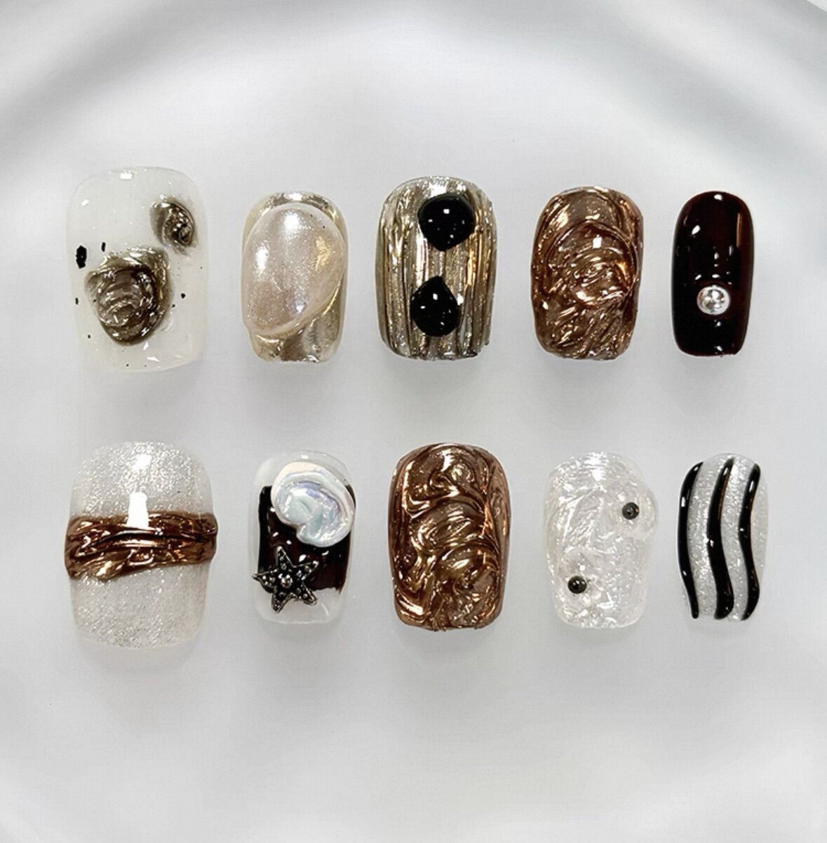 Everyday Cute - White and Brown Abstract Art - Customizable Handcrafted Press On Nails