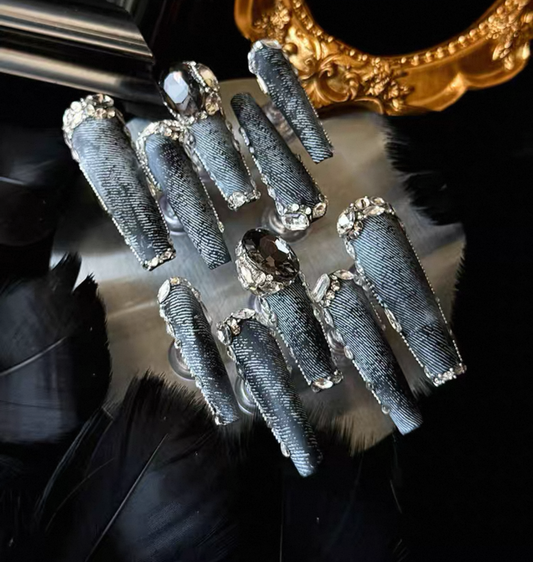 Charme Atelier - Dark Blue Demin Style with Gems - Customizable Handcrafted Press On Nails