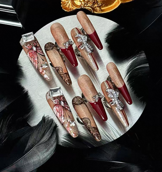 Charme Atelier - Burgundy and Gold - Customizable Handcrafted Press On Nails