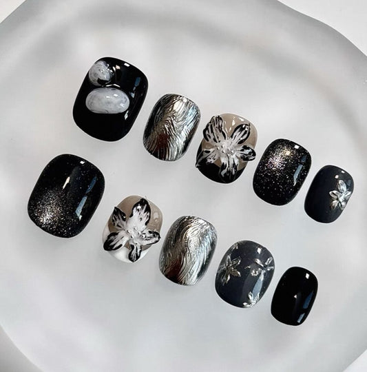 Everyday Cute - Black and Silver Floral - Customizable Handcrafted Press On Nails
