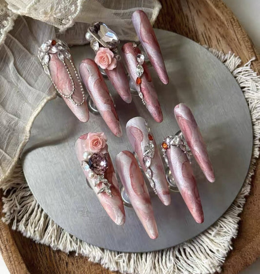 Charme Atelier - Blush Pink Marble & Floral - Customizable Handcrafted Press On Nails