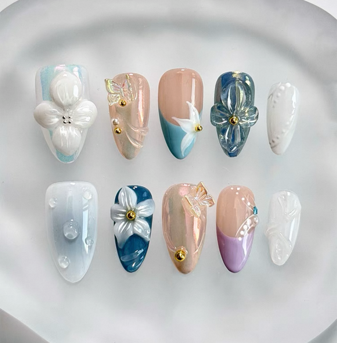 Everyday Cute - Floral Blue & Pink - Customizable Handcrafted Press On Nails