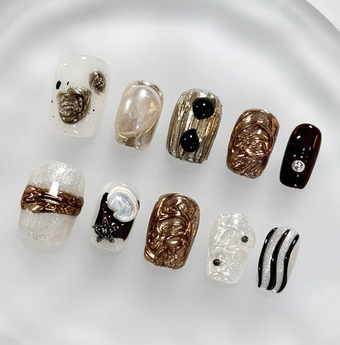 Everyday Cute - White and Brown Abstract Art - Customizable Handcrafted Press On Nails