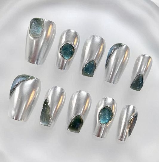 Everyday Cute - Silver and Teal - Customizable Handcrafted Press On Nails