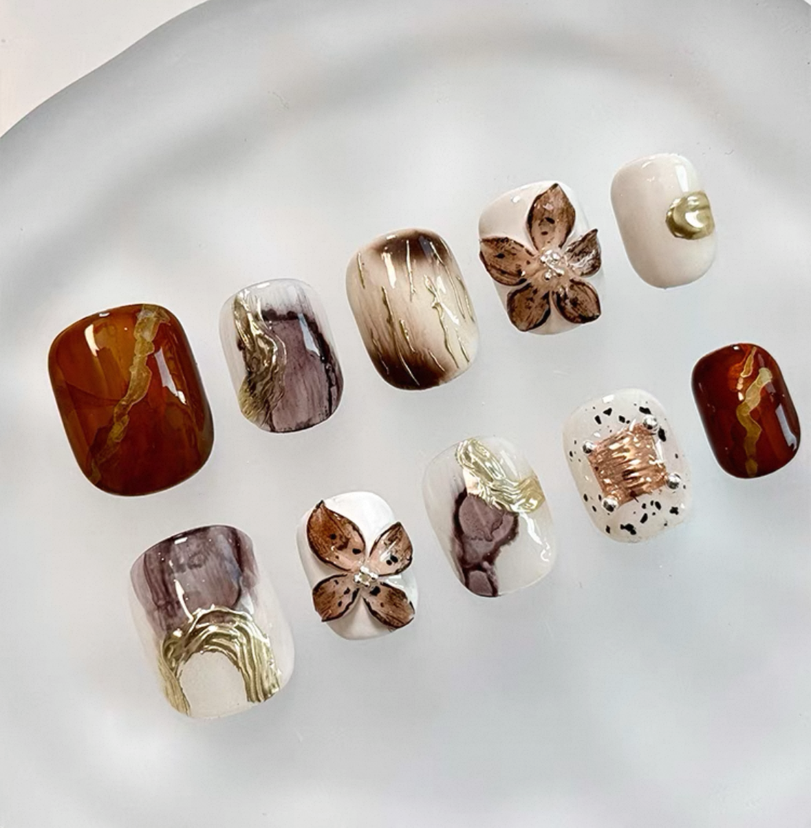 Everyday Cute - Warm Brown & Gold - Customizable Handcrafted Press On Nails