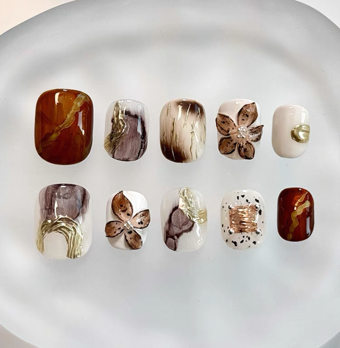 Everyday Cute - Warm Brown & Gold - Customizable Handcrafted Press On Nails