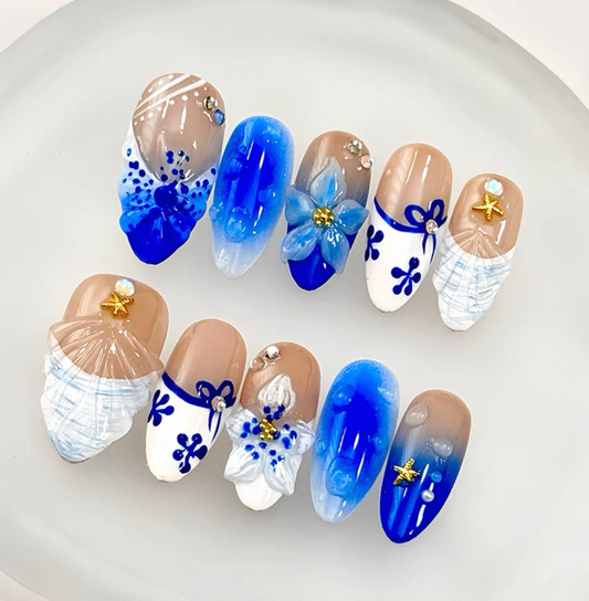 Everyday Cute - Ocean Blue Floral - Customizable Handcrafted Press On Nails