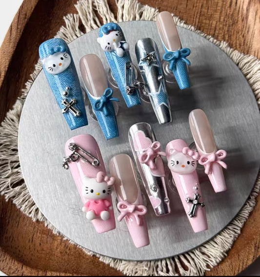 Charme Atelier - Blue and Pink Hello Kitty Theme - Customizable Handcrafted Press On Nails