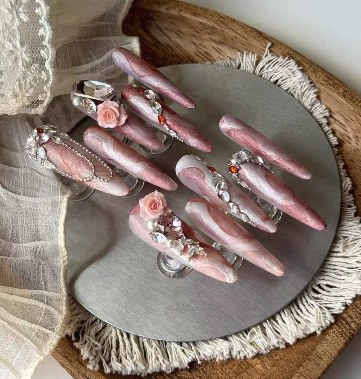 Charme Atelier - Blush Pink Marble & Floral - Customizable Handcrafted Press On Nails