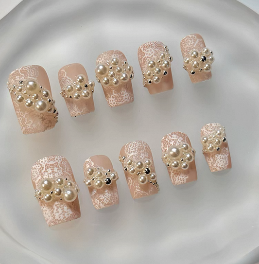 Everyday Cute - Nude Lace with Pearls - Customizable Handcrafted Press On Nails
