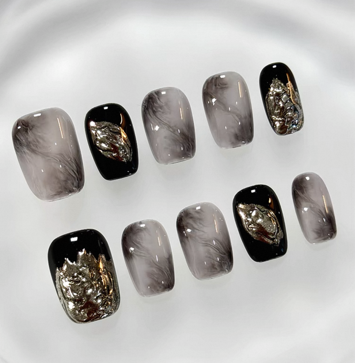 Everyday Cute - Black and Gray Marble - Customizable Handcrafted Press On Nails