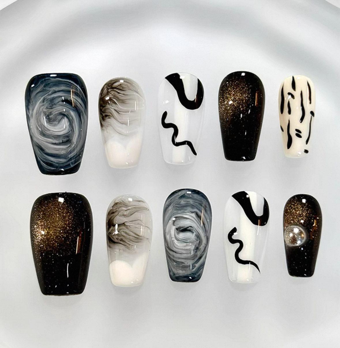 Everyday Cute - Black and Gray Abstract Swirls - Customizable Handcrafted Press On Nails