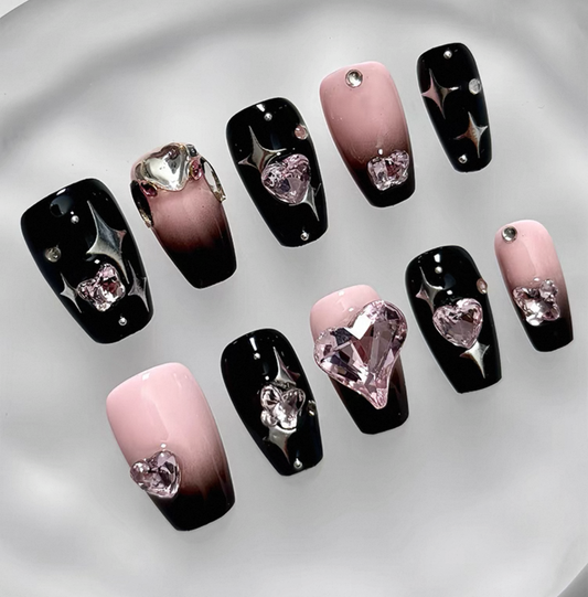 Everyday Cute - Black and Pink Glam - Customizable Handcrafted Press On Nails