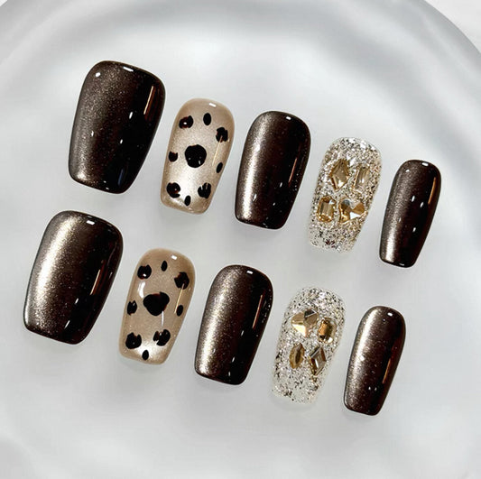 Everyday Cute - Brown and Gold Glam - Customizable Handcrafted Press On Nails