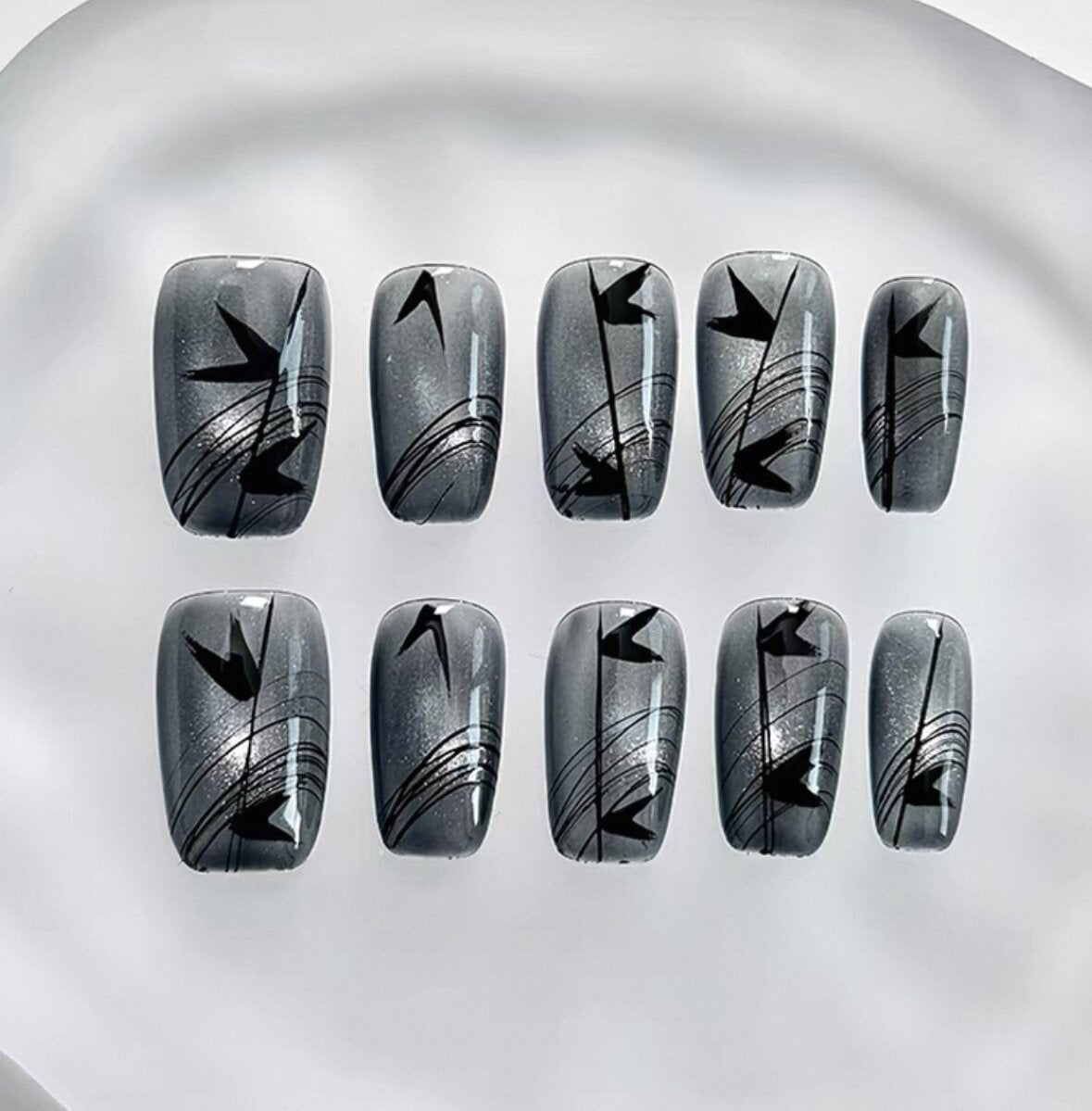 Everyday Cute - Metallic Grey with Black Designs - Customizable Handcrafted Press On Nails