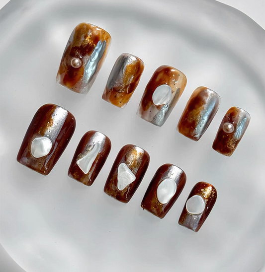 Everyday Cute - Brown and Silver Marble - Customizable Handcrafted Press On Nails