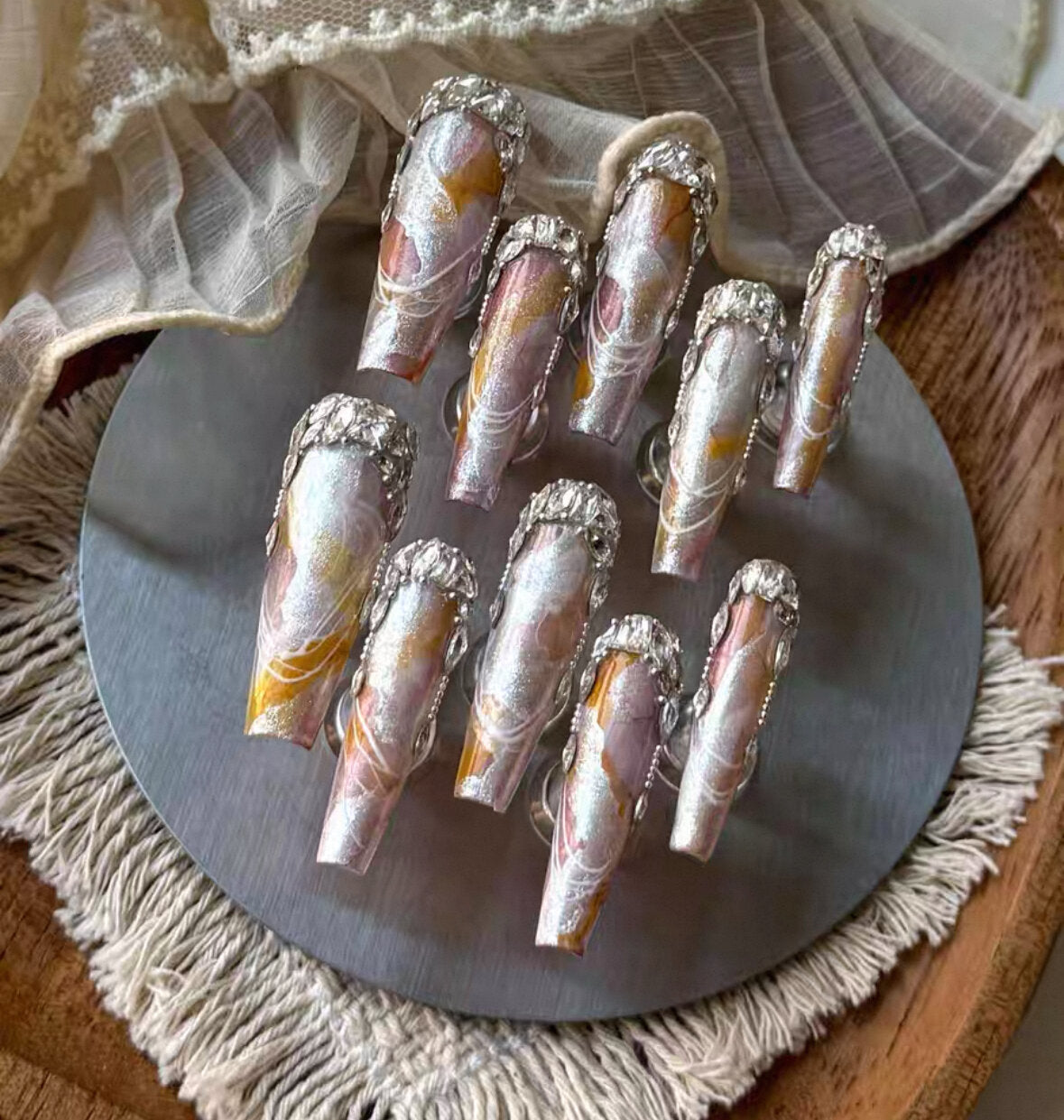 Charme Atelier - Iridescent Gold and Pink - Customizable Handcrafted Press On Nails
