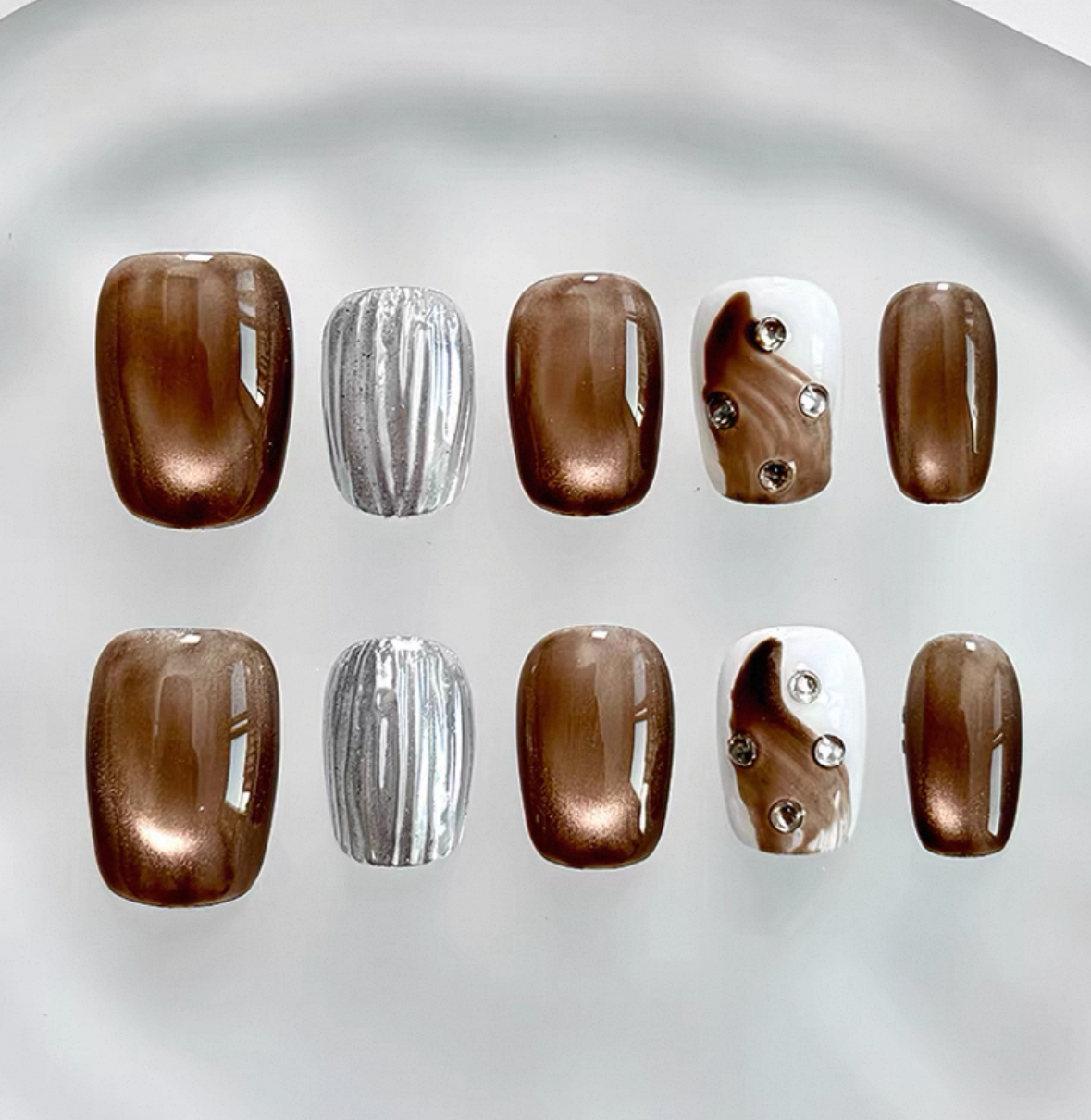 Everyday Cute - Chocolate Brown and Silver - Customizable Handcrafted Press On Nails