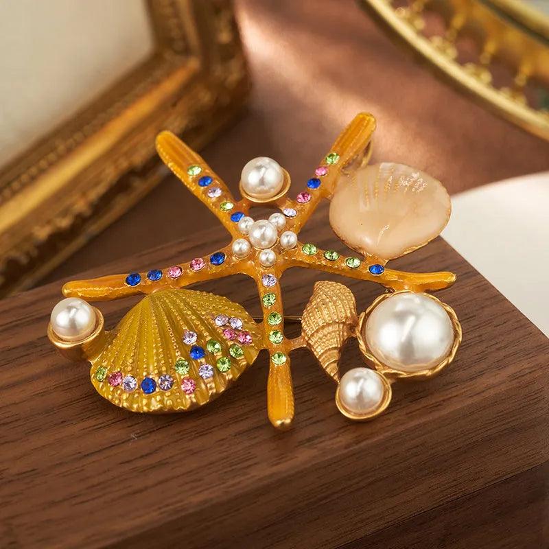 Gold Starfish Shell Brooch - Elegant Charme
