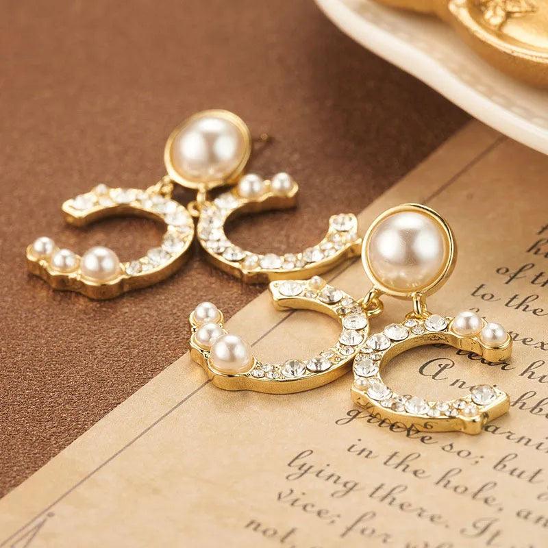 Golden Pearl and Crystal Earrings - Elegant Charme