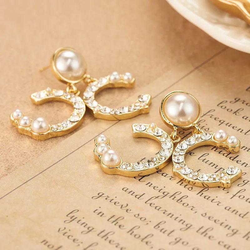 Golden Pearl and Crystal Earrings - Elegant Charme