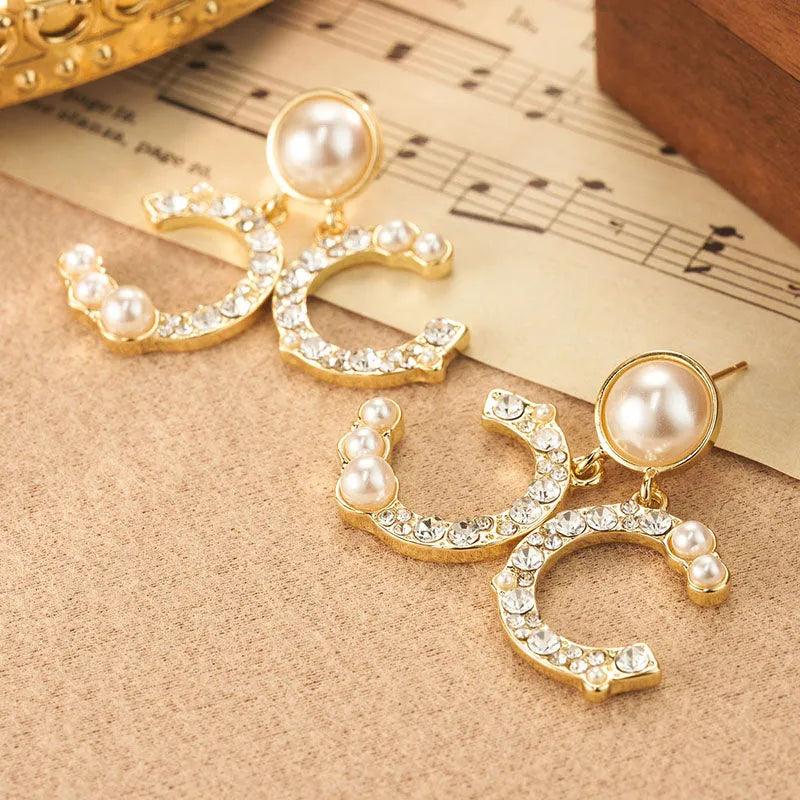 Golden Pearl and Crystal Earrings - Elegant Charme