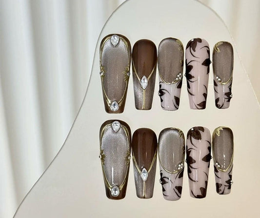 Luxe Brown & Gold Press-On Nails - Elegant Charme