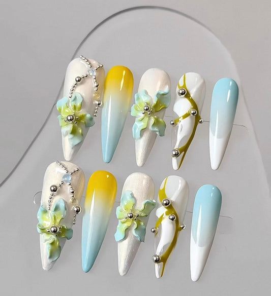 Trend Luxe - Aqua & Sunlit Ombre - Customizable Handcrafted Press On Nails