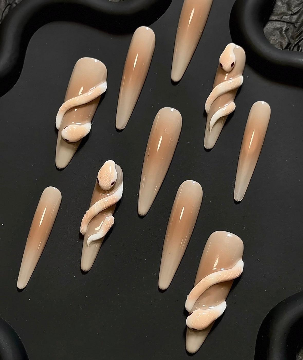 Elegant Touch - Nude and Cream Snake Design - Customizable Handcrafted Press On Nails