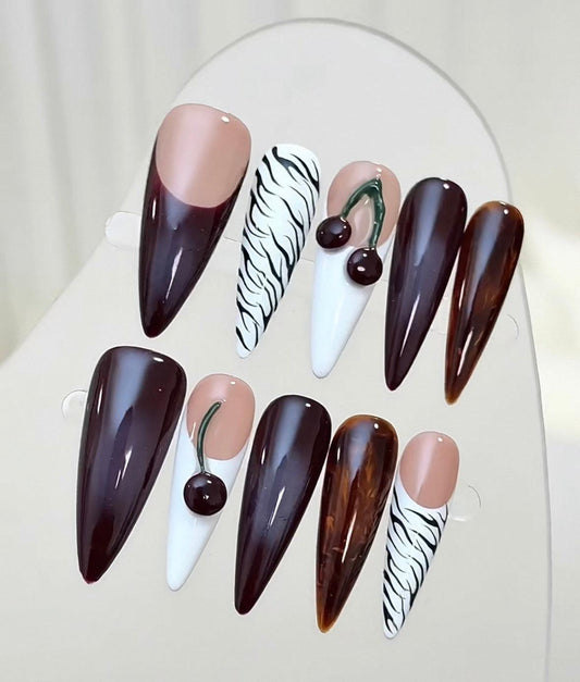 Trend Luxe - Deep Cherry and Zebra - Customizable Handcrafted Press On Nails
