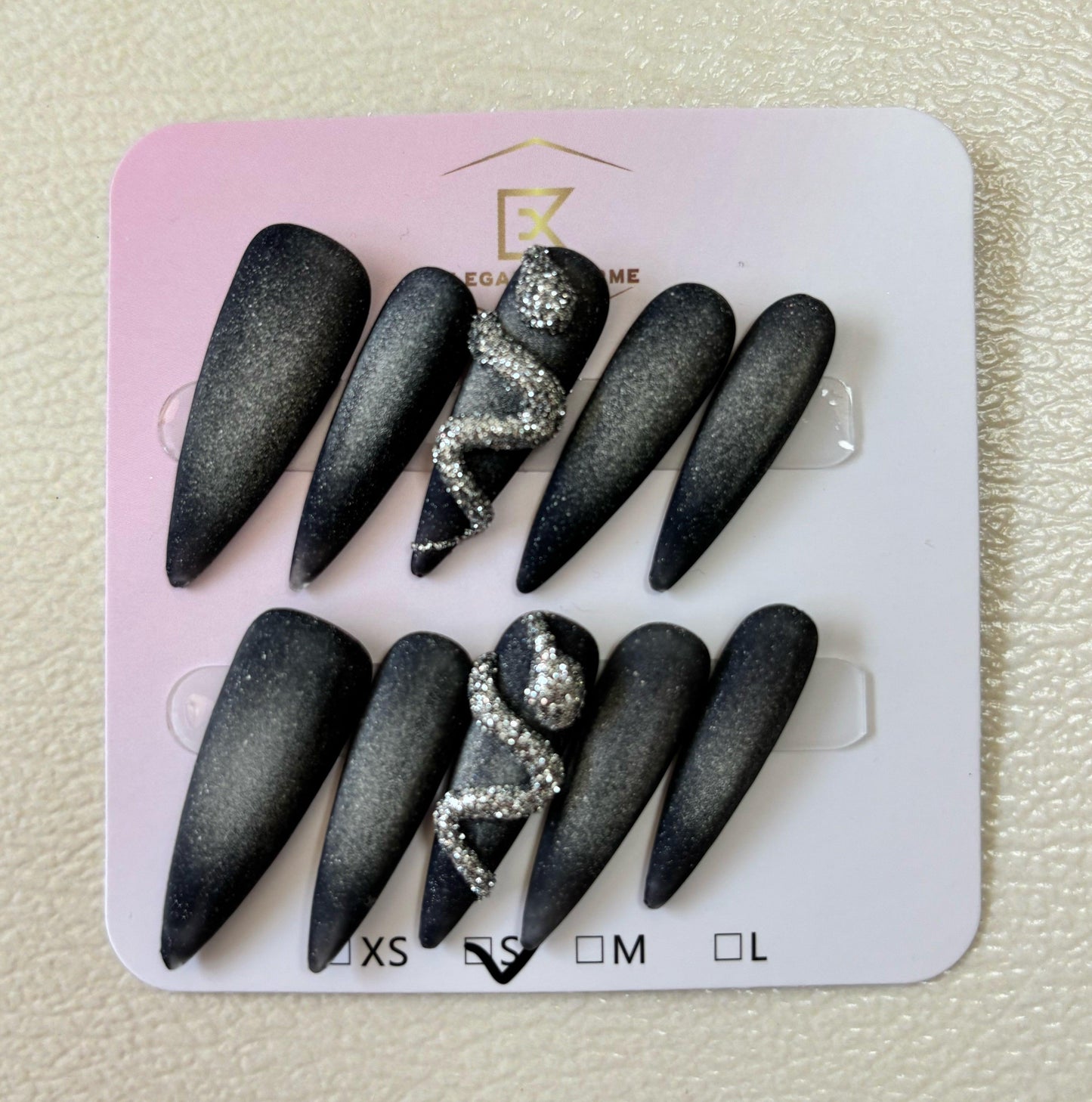 Mystic Charm - Black Silver Glitter - Customizable Handcrafted Press On Nails
