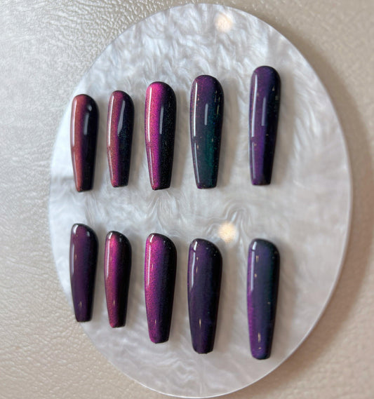 Simply Cat Eye - Deep Teal and Purple - Customizable Handcrafted Press On Nails