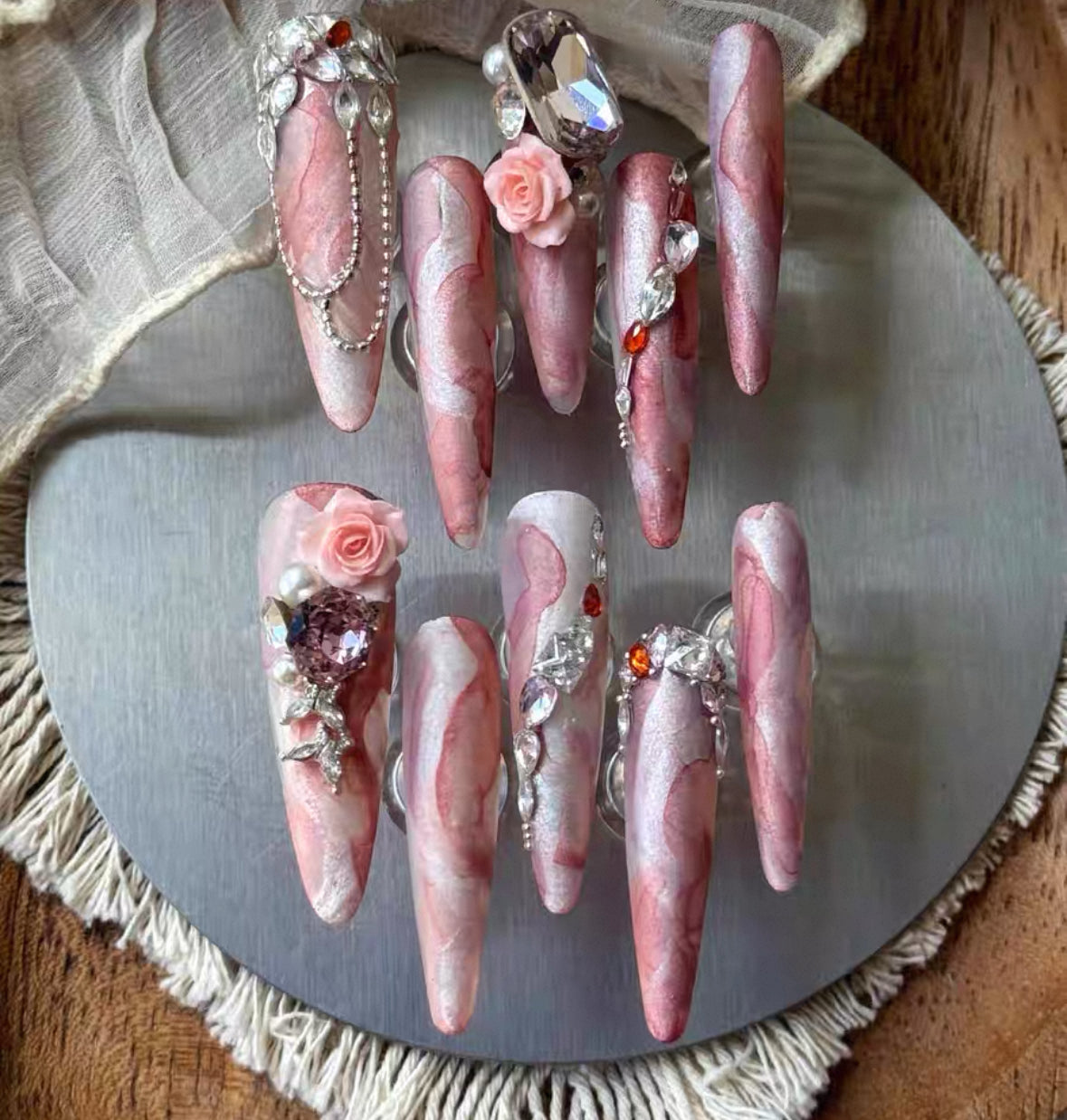 Charme Atelier - Blush Pink Marble & Floral - Customizable Handcrafted Press On Nails
