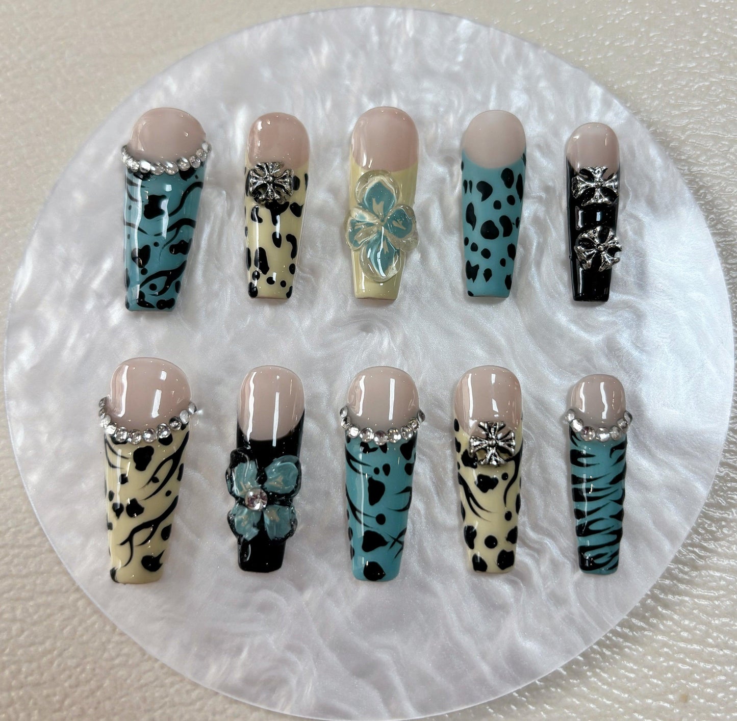 Elegant Touch - Black and Teal Dots - Customizable Handcrafted Press On Nails