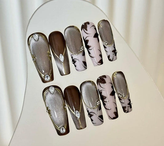 Luxe Brown & Gold Press-On Nails - Elegant Charme