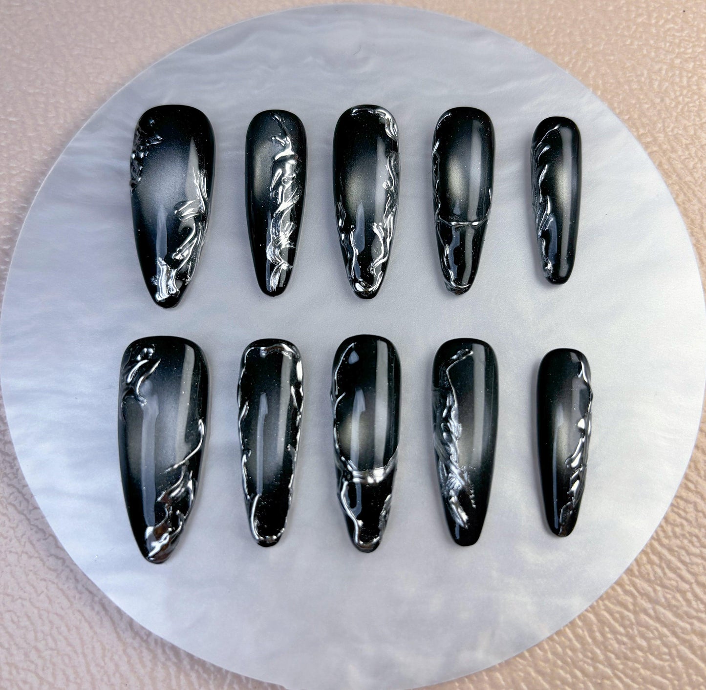 Black Glossy Marble Press On Nail - Elegant Charme