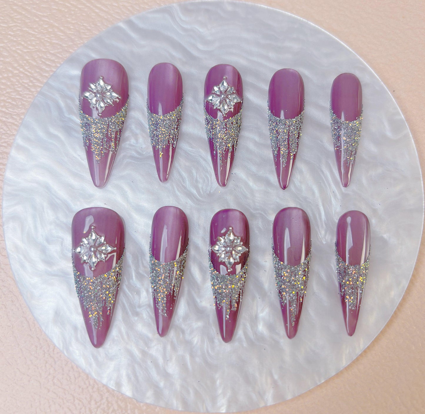 Purple Glitter Snowflake Press On Nail - Elegant Charme