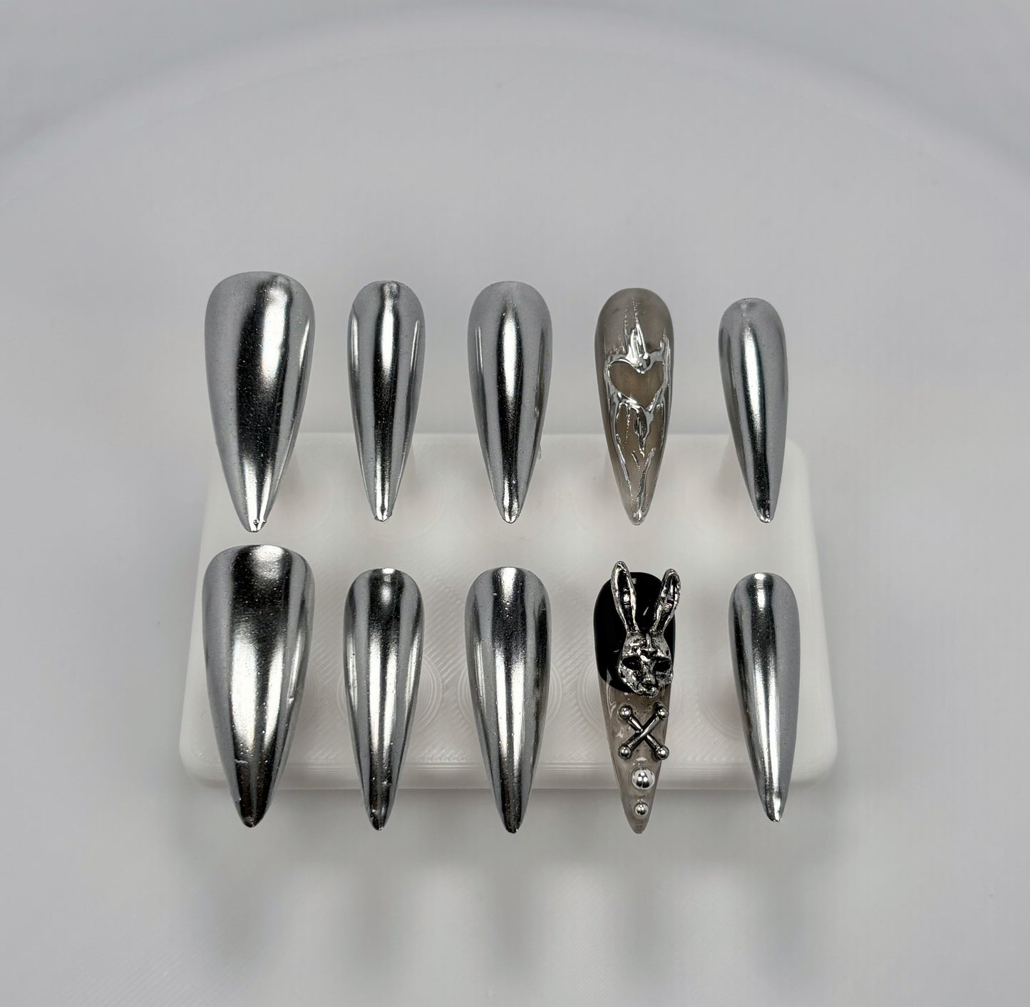 Daily Chic - Silver Metallic Bunny- Customizable Handcrafted Press On Nails