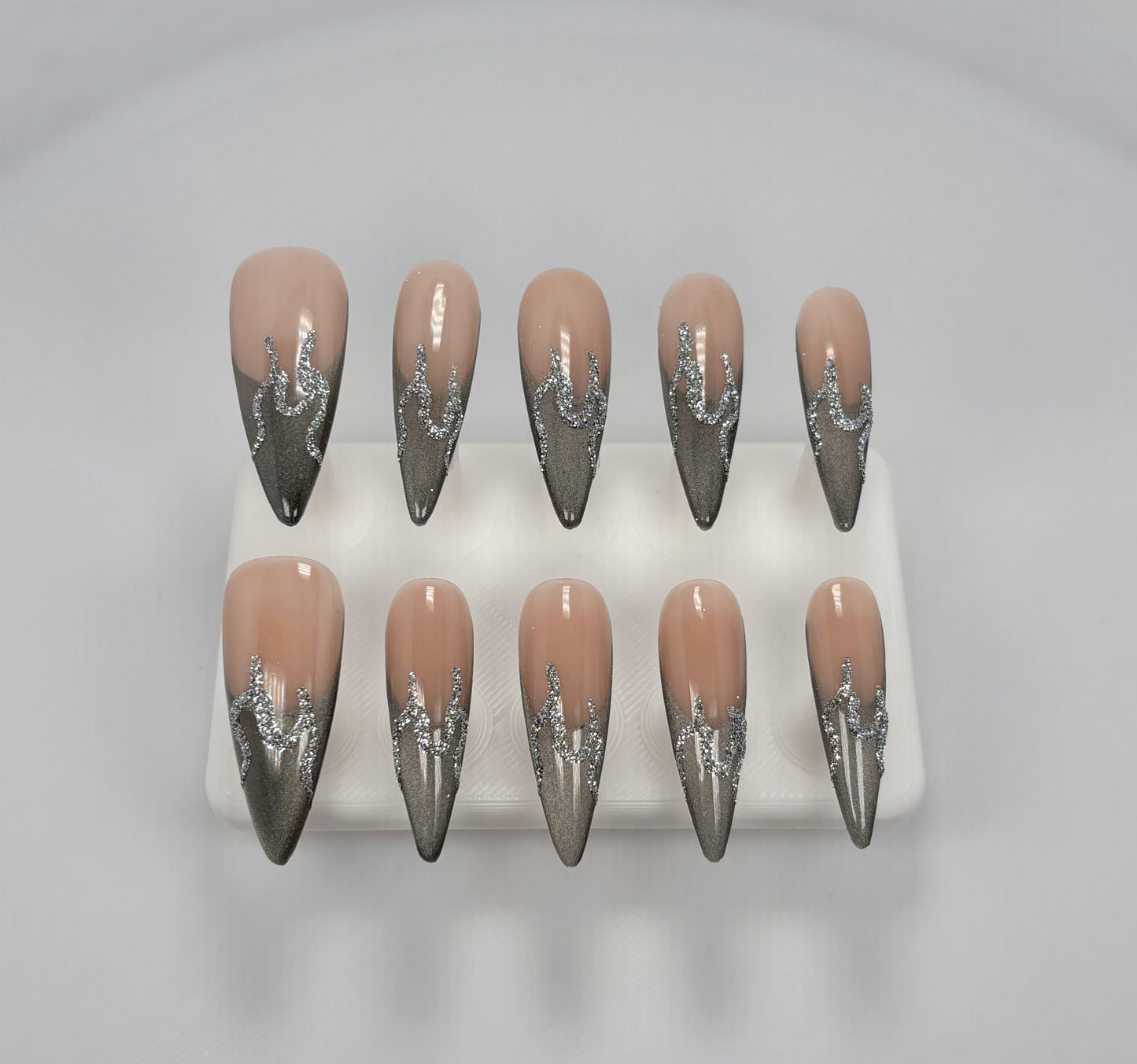 Daily Chic - Nude and Silver Flame - Customizable Handcrafted Press On Nails