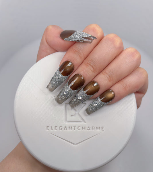 Trend Luxe - Brown and Silver Glitter - Customizable Handcrafted Press On Nails