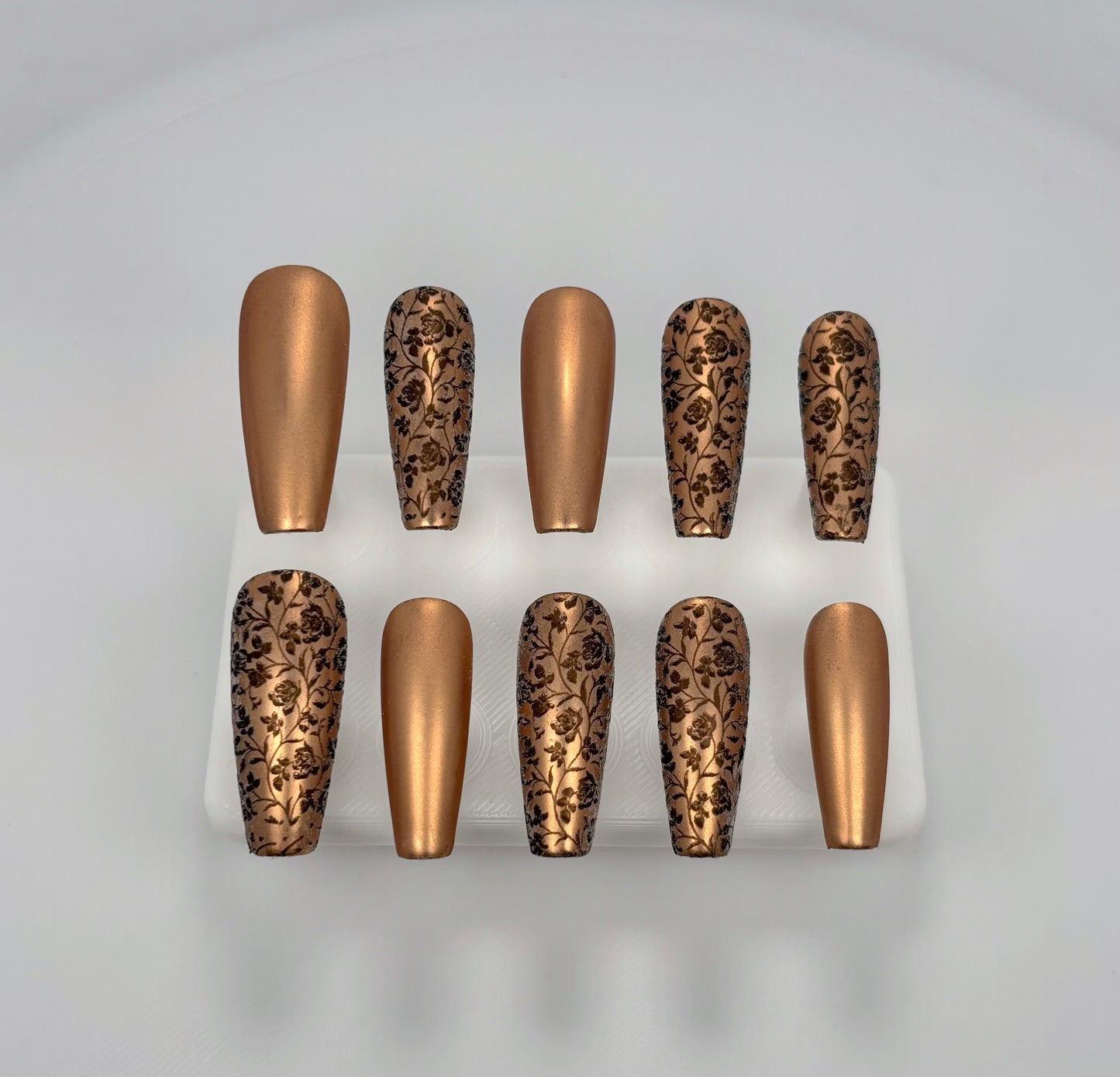 Daily Chic - Warm Bronze with Floral Detailing - Customizable Handcrafted Press On Nails